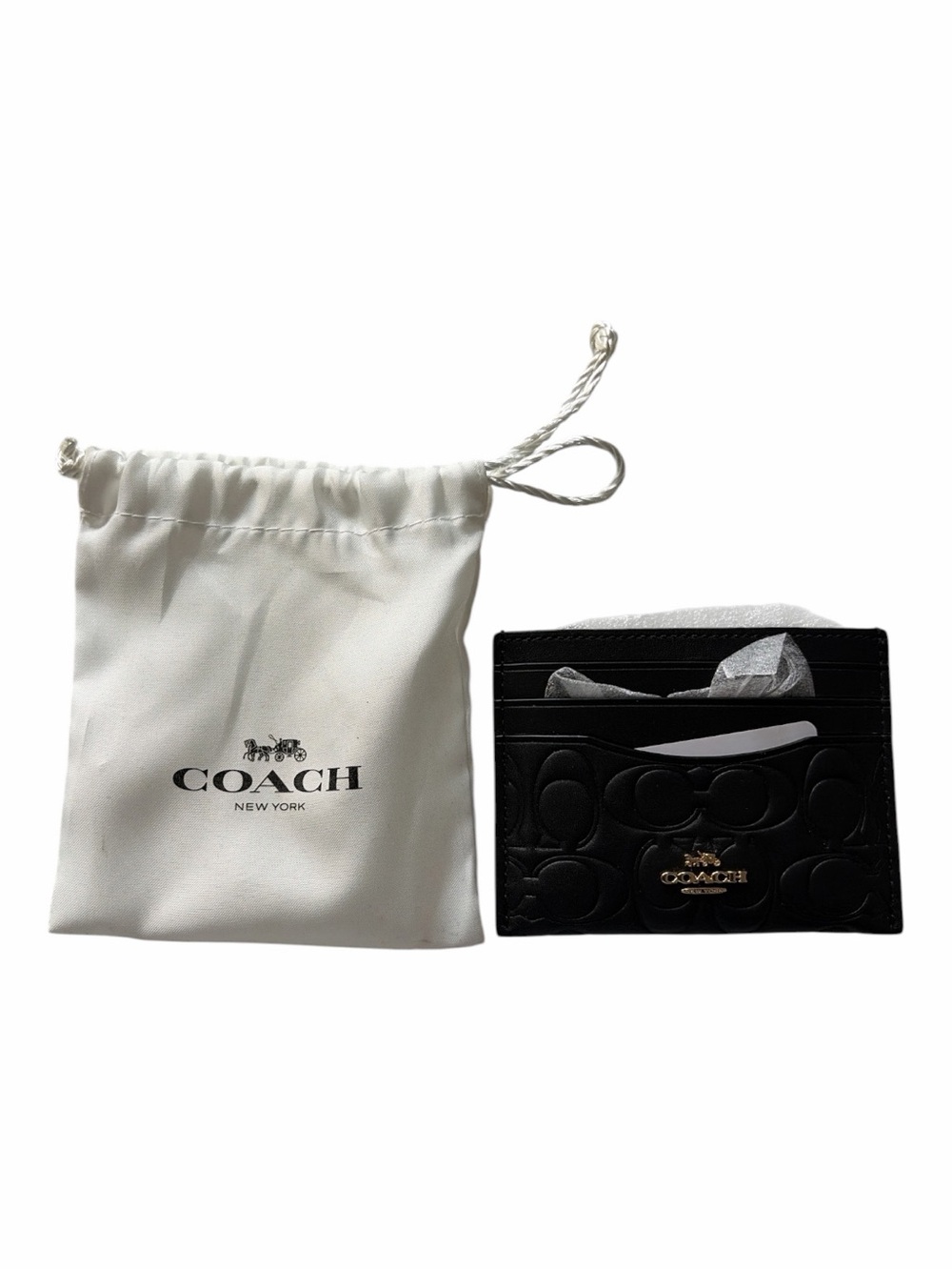 NWT COACH Black Signature Leather Card Case Gold Logo